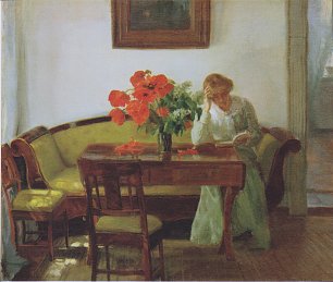 Anna Ancher Interior with poppies and reading woman Wandbild