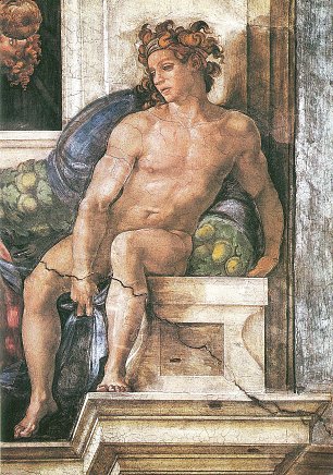 Michelangelo Buonarroti Sixtinische Kapelle Sibyllen und Propheten Ignudo rechts oberhalb der Delphischen Sybille Wandbild