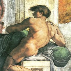 Michelangelo-Buonarroti-Sixtinische-Kapelle-Sibyllen-und-Propheten-Ignudo-rechts-oberhalb-der-Persischen-Sybille
