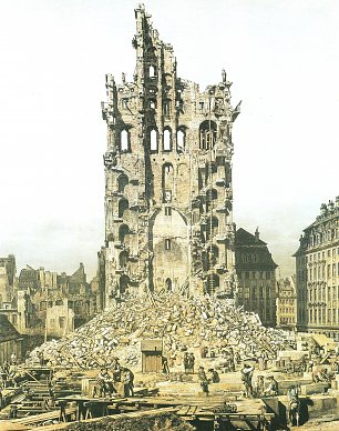 Canaletto II Der Zusammengestuerzte Turm der Kreuzkirche mit der Leiter zum Abbau Wandbild
