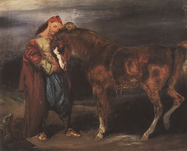 Eugene Delacroix Junger Tuerke streichelt sein Pferd Wandbild