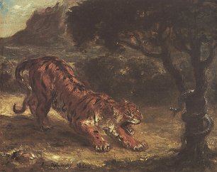Eugene Delacroix Tiger greift eine um den Baum gewundene Schlange an Wandbild