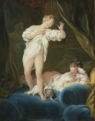 Jean Honore Fragonard TWO GIRLS ON A BED PLAYING WITH THEIR DOGS Wandbild