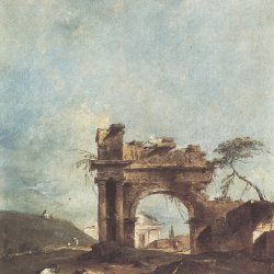 Francesco-Guardi-Capriccio-mit-zerfallenem-Torbogen-und-kleinem-Tempel-im-Hintergrund