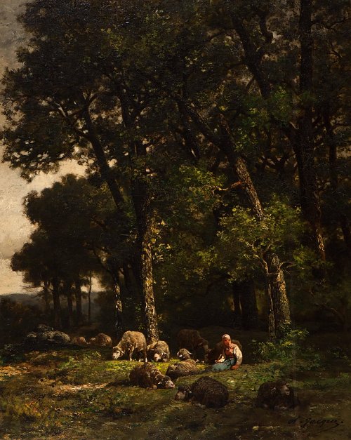 Charles Emile Jacque Shepherdess with her flock at the edge of the forest Wandbild