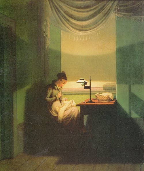 Georg Friedrich Kersting Junge Frau beim Schein einer Lampe naehend Wandbild