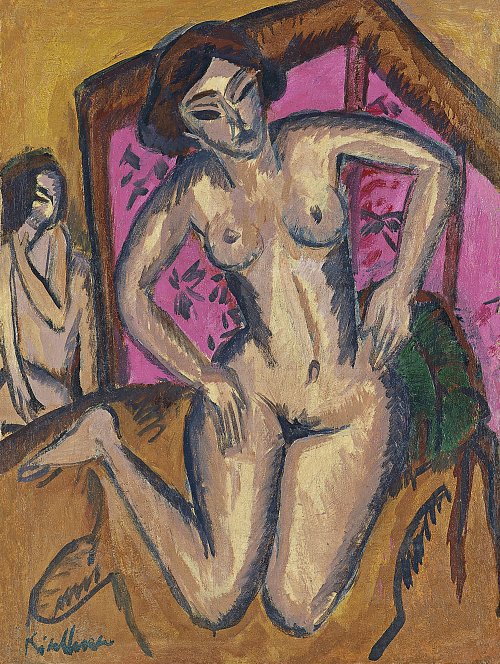 Ernst Ludwig Kirchner Akt kniend vor einem roten Bildschirm dahinter sitzender Akt Wandbild
