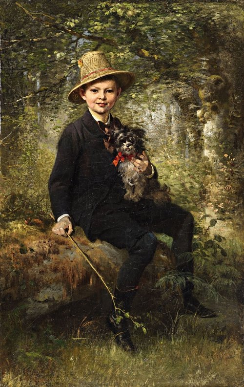 Ludwig Knaus Bildnis eines Knaben mit Hund im Wald Wandbild