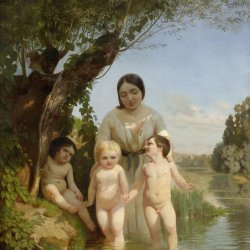 Ludwig-Knaus-Mutter-mit-drei-Kindern-am-Fluss