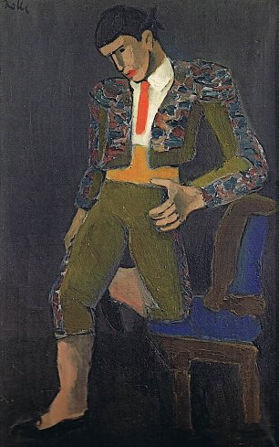 Helmut Kolle Torero mit einem Knie sich auf einen Stuhl stuetzend Wandbild