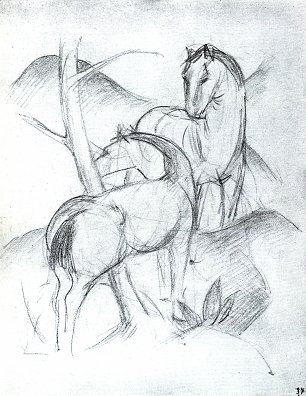 Franz Marc Zwei Pferde in bergiger Landschaft Wandbild