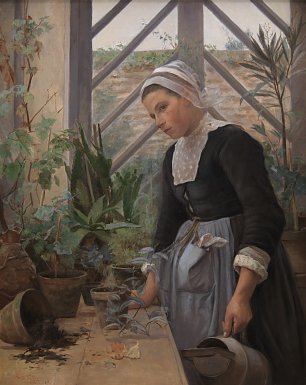 Anna Petersen Breton Girl Looking After Plants in the Hothous Wandbild