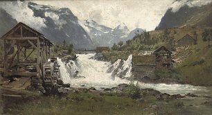Walter Moras Wassermuehle in einer alpinen Landschaft Wandbild