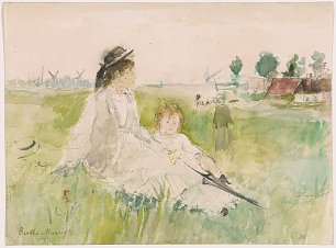 Berthe Morisot A young woman and child seated on the grass Wandbild