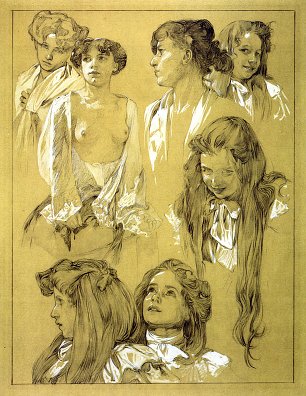 Alfons Mucha Selected sketch womens heads2 Wandbild