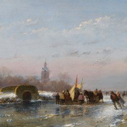 Andreas-Schelfhout-A-frozen-waterway-with-skaters-by-a-refreshmentstall