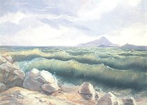 Carl-Spitzweg-Kuestenlandschaft-mit-brandenden-Wellen-im-Hintergrund-der-Vesuv