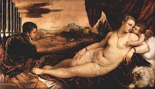 Tizian Venus mit Orgelspieler Amor und Hund Wandbild