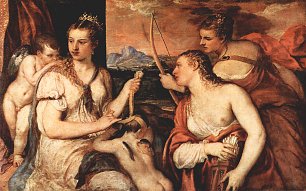Tizian Venus verbindet Amor die Augen Wandbild