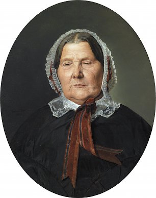 Ferdinand Georg Waldmueller Alte Frau in schwarzem Kleid und weisser Rueschenhaube mit roten Baendern Wandbild