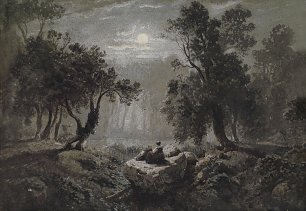Oswald Achenbach Eine romantische Waldlandschaft im Mondlicht Wandbild