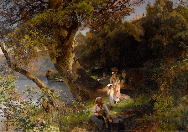 Oswald Achenbach Mediterrane Waldlandschaft mit Figuren Wandbild