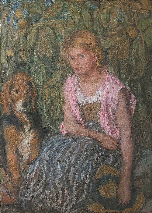Edmond Aman Jean Young girl and her dog Wandbild