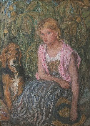 Edmond Aman Jean Young girl and her dog Wandbild