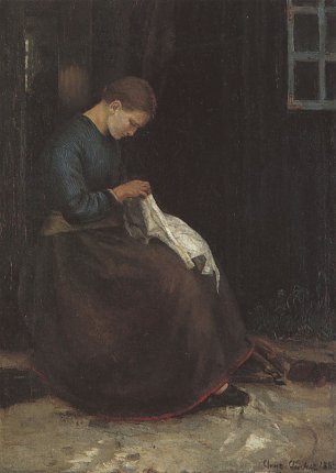 Anna Ancher Junges naehendes Maedchen vor einer Haustuer Wandbild