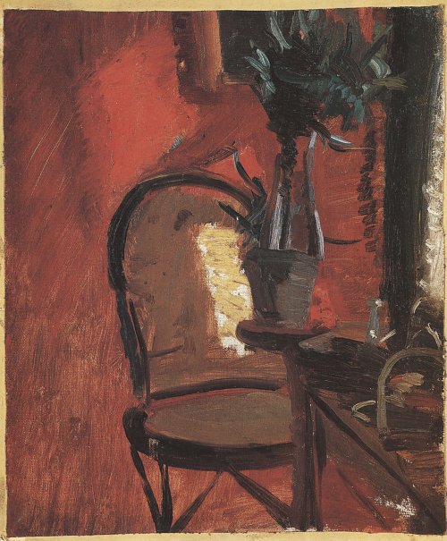 Anna Ancher Stuhl mit Pflanze vor roter Wand Wandbild