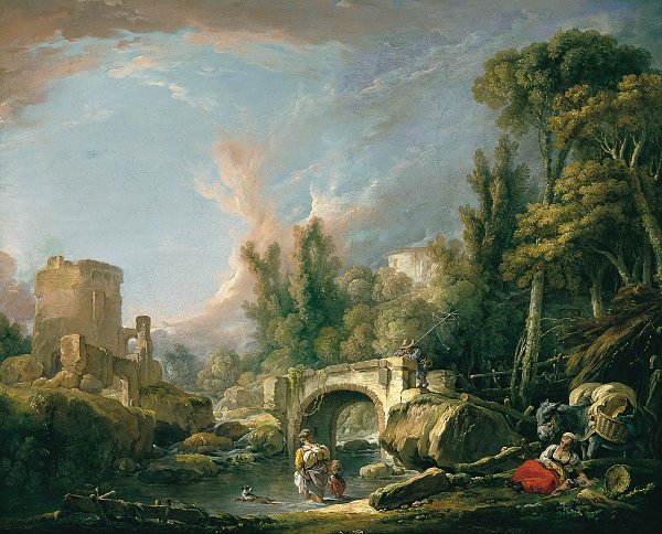 Francois Boucher Paysage fluvial avec ruine et pont Wandbild
