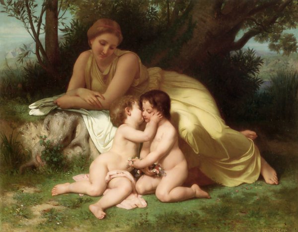 William Adolphe Bouguereau Young Woman Contemplating Two Embracing Children