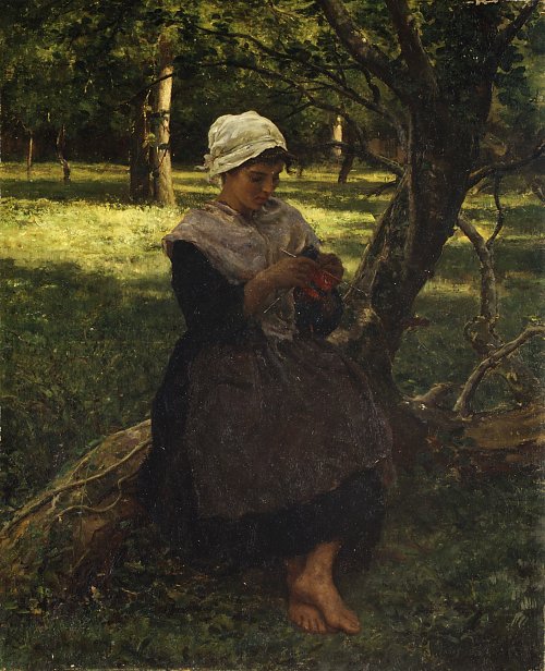 Jules Breton A peasant girl knitting Wandbild
