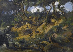 Frank Buchser Waldboeschung mit Kaninchen Wandbild