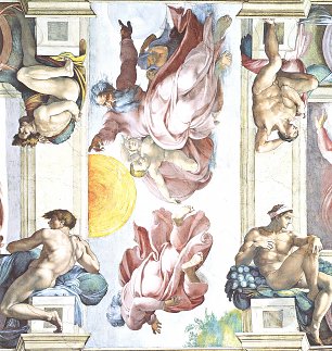 Michelangelo Buonarroti Sixtinische Kapelle Schoepfungsgeschichte Erschaffung von Sonne Mond und Sternen und Vier Ignudi Wandbild