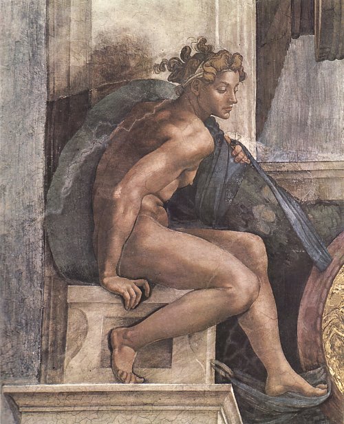 Michelangelo Buonarroti Sixtinische Kapelle Schoepfungsgeschichte Schoepfergott und Juenglinge Detail Wandbild