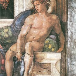 Michelangelo-Buonarroti-Sixtinische-Kapelle-Sibyllen-und-Propheten-Ignudo-rechts-oberhalb-der-Delphischen-Sybille