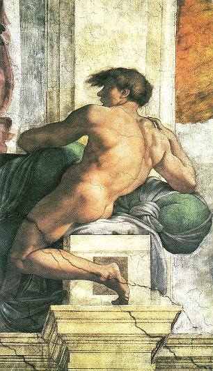 Michelangelo Buonarroti Sixtinische Kapelle Sibyllen und Propheten Ignudo rechts oberhalb der Persischen Sybille Wandbild