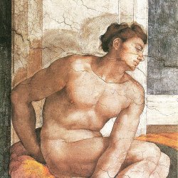 Michelangelo-Buonarroti-Sixtinische-Kapelle-Sibyllen-und-Propheten-Ignudo-rechts-oberhalb-des-Propheten-Ezechiel