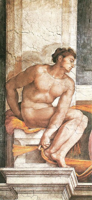 Michelangelo Buonarroti Sixtinische Kapelle Sibyllen und Propheten Ignudo rechts oberhalb des Propheten Ezechiel Wandbild