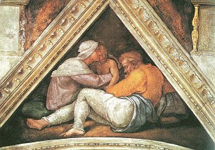 Michelangelo Buonarroti Sixtinische Kapelle Vorfahren Christi Stichkappe mit Koenig Josias als Kind und den Eltern Wandbild