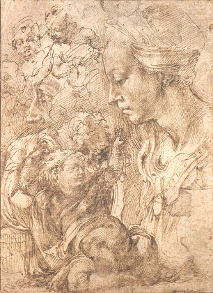 Michelangelo Buonarroti Studienblatt Madonna und Figuren Wandbild
