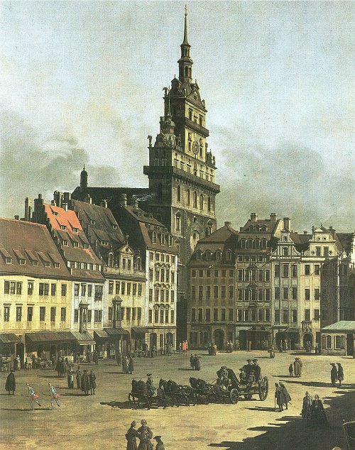 Canaletto II Die Turmfront der Kreuzkirche am Eingang der Kreuzgasse mit den Buergerhaeusern zwischen Grosser Frohngasse u Wandbild