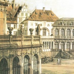 Canaletto-II-Zwischen-Franzoesischem-und-Deutschem-Pavillion-ueber-der-abschliessenden-Zwingerwand-das-alte-Komoedienhaus-