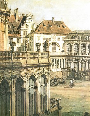 Canaletto II Zwischen Franzoesischem und Deutschem Pavillion ueber der abschliessenden Zwingerwand das alte Komoedienhaus  Wandbild