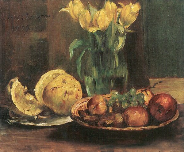 Lovis Corinth Stillleben mit gelben Tulpen aepfeln und Grapefruit Wandbild