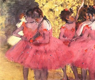 Edgar Degas Taenzerinnen in Rosa zwischen den Kulissen Wandbild