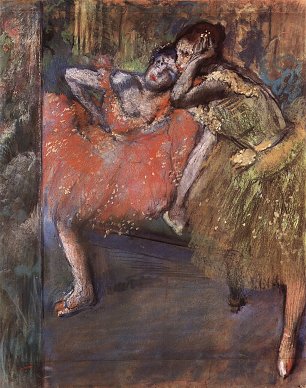 Edgar Degas Zwei Taenzerinnen hinter den Kulissen Wandbild
