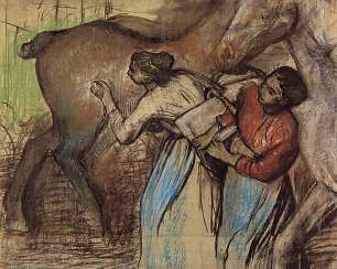 Edgar Degas Zwei Waescherinnen und Pferde Wandbild