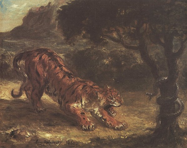 Eugene Delacroix Tiger greift eine um den Baum gewundene Schlange an Wandbild